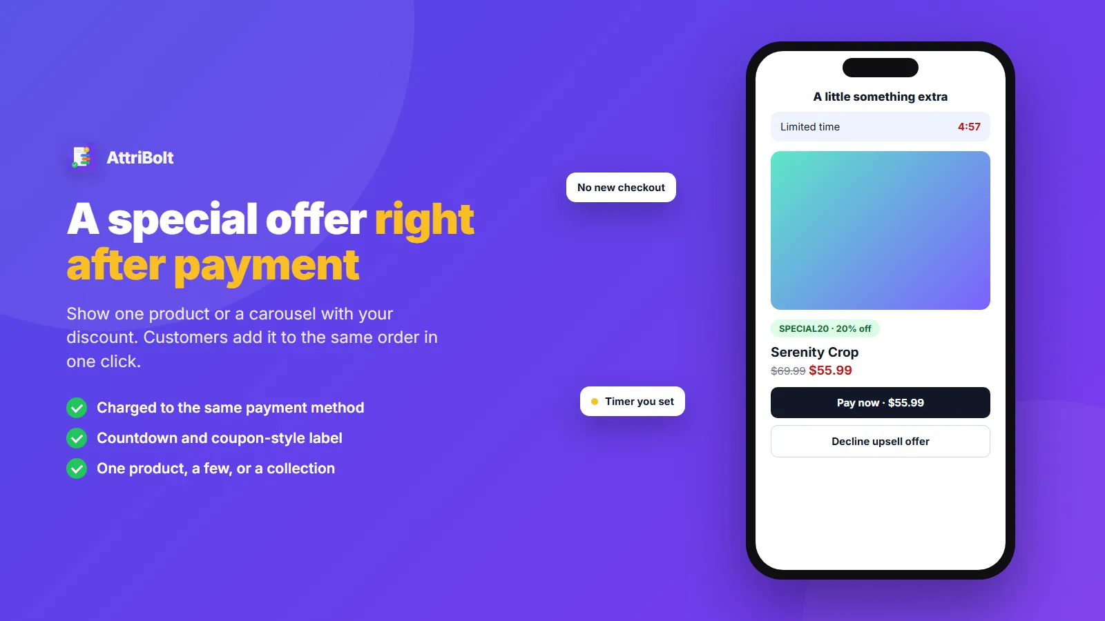 Special offer after payment with a countdown and a Pay now button