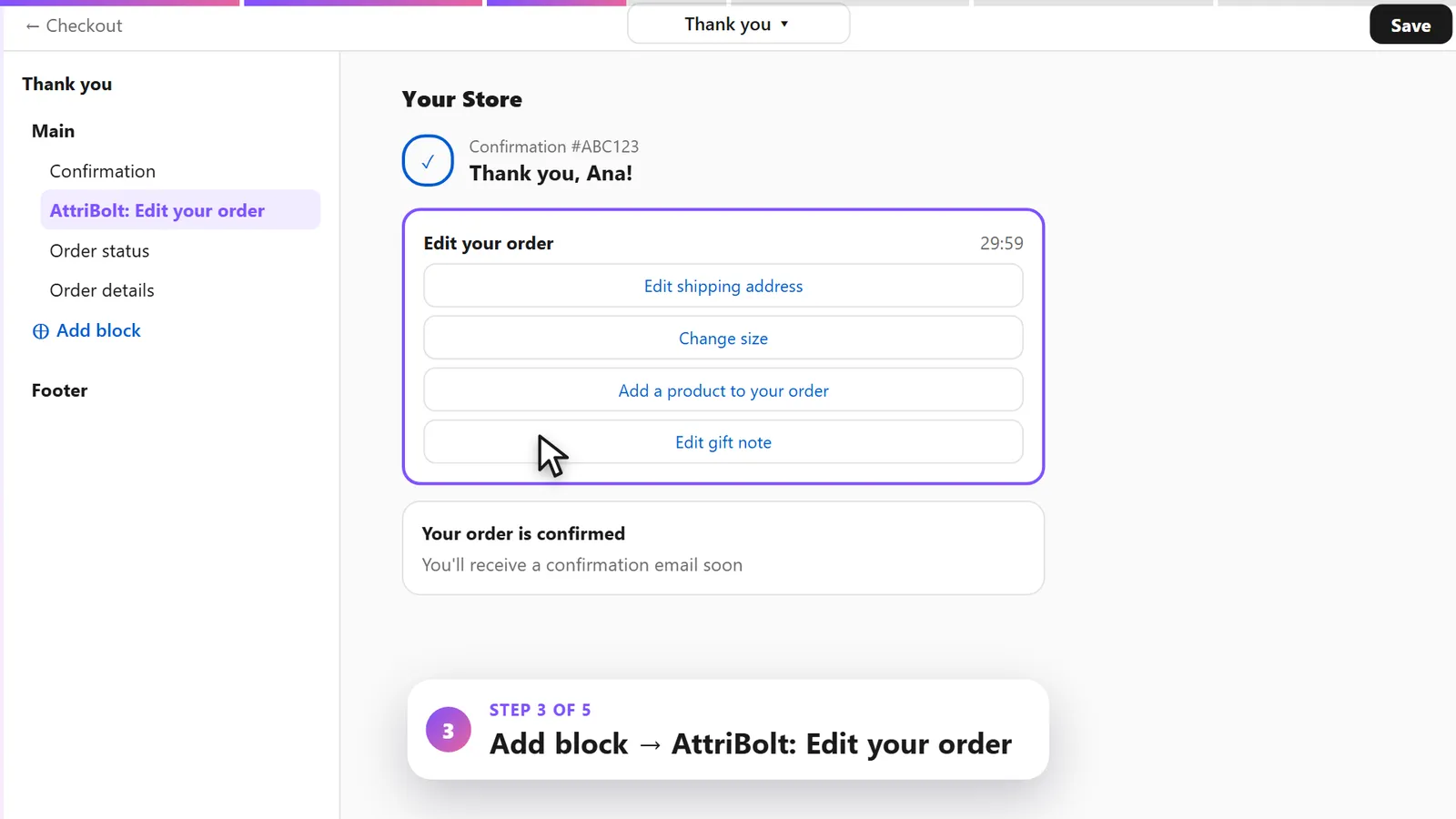 Checkout editor: adding the AttriBolt Edit your order block to the Thank you page