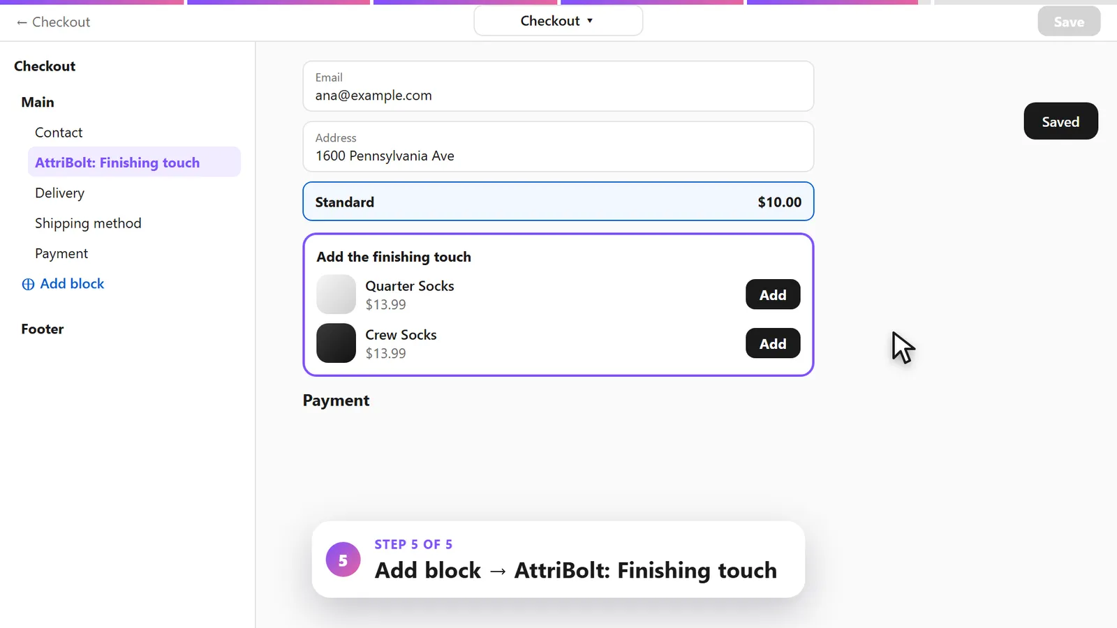Checkout editor: the AttriBolt Finishing touch block on a Shopify Plus checkout